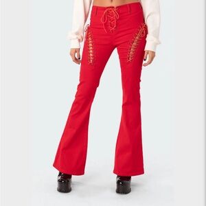 Red lace up flare pants